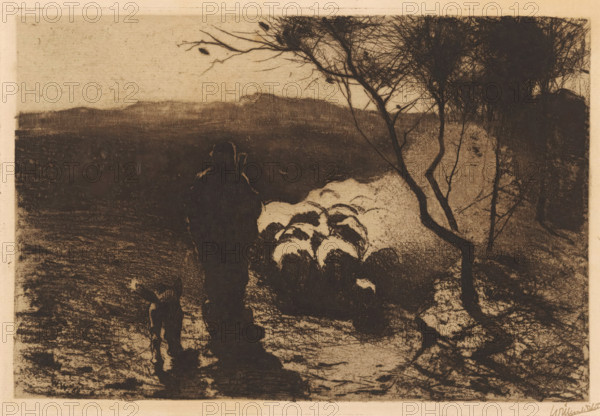 Shepherd with a dog behind his flock, print, The dog walks to the left of the shepherd., watermark:, signature: 'Willem Witsen', printmaker: Willem Witsen (signed by artist), printer (person): Joseph Bouwens, Brussels, 1888, printer (person), paper, etching, soft-ground etching, intaglio printmaking technique, height 200 mm x width 300 mm, herding, herdsman, herdswoman, shepherd, shepherdess, cowherd, dog, sheep, A dark-toned landscape scene shows a figure walking away from the viewer along a textured ground, accompanied by an animal at the figure's side and a group of rounded shapes ahead that appear lighter against the darker foreground; a tree with thin, twisting branches and a dense, scribbled canopy stands on the right edge, its trunk curving upward from the ground, while the distant background fades into a lighter, grainy sky and a low, horizontal landform on the horizon.