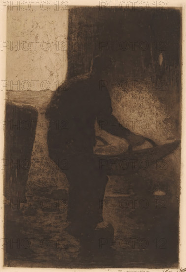 Man winnowing, print, signature: 'Willem Witsen', printmaker: Willem Witsen (signed by artist), printer (person): Joseph Bouwens, Brussels, c. 1888, printer (person), paper, soft-ground etching, etching, intaglio printmaking technique, height 256 mm x width 179 mm, winnowing, A dark, grainy silhouette of a person seen from the side occupies the center of the image, with an arm extended forward toward a flat surface and a rounded object; the figure is set against a textured background that shifts from a lighter, scratched area on the left to a darker, rougher area on the right, and there are variations in tonal shading and smudged marks across the scene.