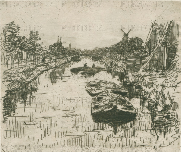 Canal (original title), Canal with barges, print, printmaker: Willem Bastiaan Tholen, 1870 - 1931, paper, etching, intaglio printmaking technique, height 179 mm x width 216 mm, tow-boat, towing-barge, A monochrome etched scene showing a narrow river flanked by rough banks and vegetation, with several small rowboats positioned along the water and one prominent boat in the foreground, loose linear marks suggesting ripples and reflections on the surface, clusters of trees and shrubbery on both sides rendered with dense hatched lines, a windmill with crossed sails visible on the right bank in the distance, simple rooflines and a steeple peeking above the treeline near the center, and a sky left largely blank except for scattered speckles.