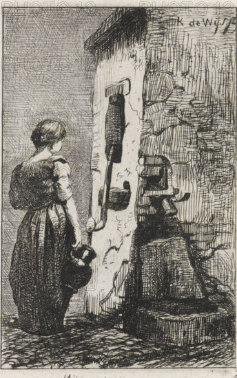 Reverie, Woman with jug by water pump, print, A young woman stands lost in thought with a jug in her hand by a water pump., printmaker: Kornelis Jzn de Wijs, Netherlands, 1842 - 1896, paper, chine collé, etching, etching on chine collé, height 103 mm x width 66 mm, utilitarian, public pump or water fountain, container of ceramics: jar, jug, pot, vase, A monochrome ink drawing shows a young woman seen from the back and side, wearing a simple dress with a fitted bodice and full skirt, her hair tied in a bun. She stands facing an old rough wall and a stone structure that appears to include a vertical support with a curved metal pipe and a rectangular opening set into the wall. The woman holds a rounded container at her side. The ground is textured with irregular cobblestones. The scene is rendered with dense crosshatching and short pen strokes, with strong contrasts between shaded areas and lighter surfaces.