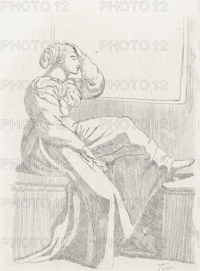 Sitting woman by an open window, print, A woman is sitting on a bench by an open window. She is wearing a dress and a headscarf and supporting her head with her left hand., printmaker: Cornelia Marjolin-Scheffer, Paris (possibly), 1845 - 1899, paper, chine collé, etching, etching on chine collé, height 137 mm x width 98 mm, open window, sitting on an elevation - AA - female human figure (sideview, profile), A seated person in a flowing dress and headscarf is shown in profile, leaning back with one arm resting on their head and the other arm relaxed by their side, their eyes closed and facial features rendered in fine lines; the dress has voluminous sleeves and draped folds that extend over a cushioned seat and down to the floor, with hatching and crosshatching shading on the clothing and background; the scene is framed by a rectangular panel behind the figure and vertical lined textures on panels beneath and beside the seat; the image is a monochrome line drawing on a light background.