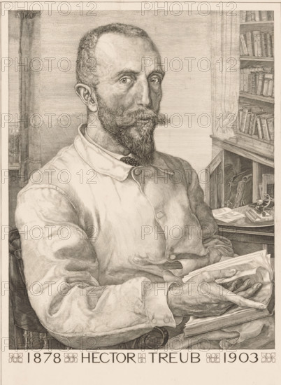 Portrait of Hector Treub, print, Portrait of the physician Hector Treub with beard and mustache, seated in his study. On his lap an open book, to the right a bookcase. In the upper left the text 'AET. 47', Treub's age at the time of the portrait. At the bottom the years '1878', the year in which Treub obtained his doctorate in medicine, and '1903', the year of his twenty-fifth anniversary as a physician., printmaker: Pieter Dupont (signed by artist), Amsterdam, printer (person): Enschedé & Zn., Johan, Haarlem, 1903, Pieter Dupont, Enschedé & Zn., printmaker, printer (person), paper, engraving, height 393 mm x width 298 mm, Person, Hector Treub, physician, doctor, book, beard, A detailed monochrome portrait of a seated man shown from the waist up, with short hair, a mustache and a pointed beard, wearing a buttoned shirt with a collar and a patterned tie, his hands holding a folded paper and resting on a book; behind him to one side there is a curtain and a bookshelf filled with books an...