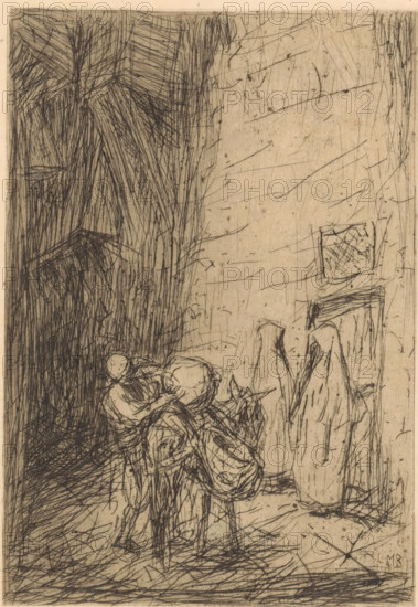 Ottoman merchant, print, A man packing a donkey on the street., number: '76', printmaker: Marius Bauer (signed by artist), 1889, paper, Japanese paper (handmade paper), etching, intaglio printmaking technique, etching with plate tone on Japanese paper, height 195 mm x width 146 mm, merchant, salesman, ass, donkey, Ottoman Empire, A vertical sketch with dense crosshatched lines forming a dark textured mass on the left and a lighter, more sparsely scratched area on the right shows a group of figures clustered toward the lower center; the figures are rendered with quick, overlapping strokes suggesting bent postures and wrapped garments, one figure appearing to lean forward while another is seated or supported, and nearby two tall, draped shapes stand upright with long vertical folds. In the lighter right area a small framed square with crisscrossed lines hangs above a rectangular element, while the background contains many fine diagonal and vertical scratches across the surface and the lo...