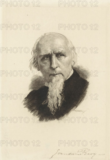 Portrait of Simon van den Berg, print, Portrait of the artist Simon van den Berg. His signature in the lower right., printmaker: Willem Steelink (II) (signed by artist), Netherlands, 1866 - 1928, paper, etching, height 216 mm x width 150 mm, Person, Simon van den Berg, portrait, self-portrait of painter, A monochrome portrait of an older man shown from the shoulders up, with a high forehead and thinning hair swept back and slightly over the ears, deep-set eyes, pronounced brow lines, and a long pointed beard extending down from his chin; he wears a dark garment with a lighter collar visible at the neck, and the drawing employs fine cross-hatching and shading on the face and clothing against a plain, lightly textured background.