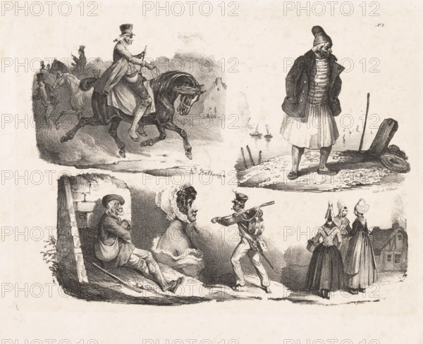 Six depictions of various figures, Lithographic sketches, print, Series number, 1, Six depictions of different types of people, such as a horseman, a sailor, and three girls in traditional costume., printmaker: Hippolyte Bellangé, printer (person): François Jean Villain, Paris, 1818 - 1852, printer (person), paper, lithography, lithografie, height 238 mm x width 287 mm, folk costume, regional costume, seaman, riding a horse, ass, or mule, rider, horseman, resting - BB - out of doors, A sheet with several black ink vignette illustrations showing a man on a rearing horse wearing a top hat and long coat, a standing figure in a heavy jacket and conical hat on a shoreline beside a post and coil of rope, a seated older man leaning against a wall with a walking stick, a woman in a shawl seated nearby, a marching soldier in uniform aiming a musket, and two women in long dresses and bonnets facing away toward a distant building.