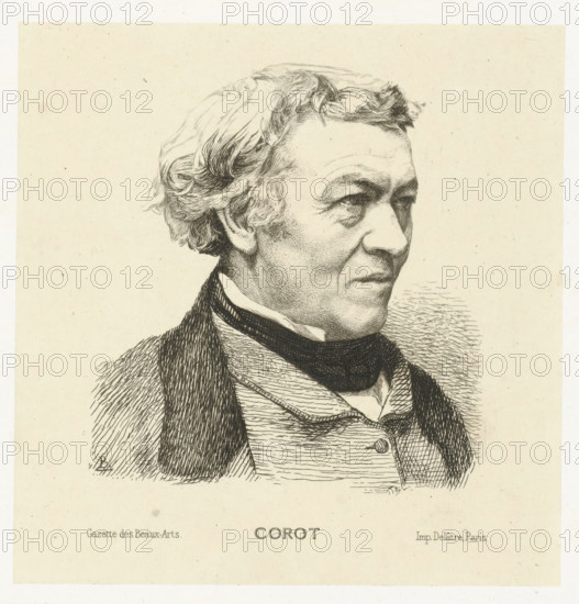 Corot, Portrait of artist Jean-Baptiste Camille Corot, print, printmaker: Félix Bracquemond, printer (person): Auguste Delâtre, 1861, printer (person), paper, chine collé, etching, etching on chine collé, height 127 mm x width 123 mm, Illustration for: Gazette des Beuax-Arts, Auguste Delatre (printer), Paris 1861. The print was made after a photo (see IFF 135)., Person, Camille Corot, portrait, self-portrait of painter, A detailed ink portrait of an older man shown from the shoulders up in profile, facing right, with wavy hair swept back from his forehead and sideburns, a high forehead, pronounced brow, and a contemplative expression; he wears a dark scarf or cravat around his neck and layered clothing including a textured coat and a buttoned waistcoat, rendered with fine crosshatching and stippling on a light, slightly speckled background.