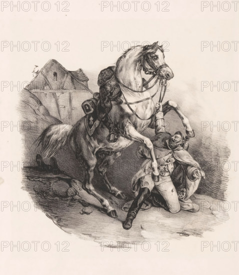 Kneeling dragoon with horse, print, The horse has thrown its rider. A dragoon seizes it by the reins., after print by Victor Adam, France, 1829 - 1830, Victor Adam, printmaker, after print by, paper, chalk lithograph, height 267 mm x width 202 mm, This sheet was also published as part of the series 'Etudes de chevaux et autres animaux' (Engelmann, 1829-1830, no. 17)., horse, horse throwing rider, ranks in the army, A detailed black and white drawing shows a rearing horse with a bridle and decorative harness, its mane flowing and saddle visible; beneath the horse a man in a uniform with a cloak and boots is falling backward, one arm raised toward the horse and the other extended outward, his face visible with an open mouth; the ground around them is textured with shading and small scattered rocks, and a rough wooden structure with a sloped roof appears in the background.