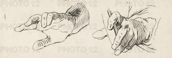 Study of two hands, print, Study of two right hands. The hand on the left is empty. The hand on the right is holding a staff., inscription: 'FN Witsen Geysbeek. First engraving finished in 4 days in the first 12 days that he was accepted as an apprentice at v, d Meulen. April 1827', printmaker: Frederik Nicolaas Horatius Witsen Geysbeek (signed by artist), 1827, paper, etching, height 48 mm x width 139 mm, postures and gestures of hand and fingers, A monochrome line drawing showing two separate views of a hand on a textured paper background; the left view depicts a hand seen from the side with fingers slightly curled and the thumb extended, outlined with contour lines and short hatch marks indicating creases and shading, and the wrist area rendered with curved parallel strokes; the right view shows a hand grasping a thin cylindrical object with fingers wrapped around it, drawn with denser hatch shading and contour lines that mark knuckles, folds, and the sleeve around the wrist.