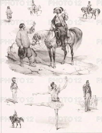 Eight depictions of human pastimes, Passe-temps, Leisure activities, Passe-tems, print, Series number, 79, 126, printmaker: Victor Adam, France, printer (person): Joseph Rose Lemercier, Paris, publisher: Aumont & Cie, publisher: Tessari & Cie., 1833 - 1837, printer (person), paper, chalk lithograph, height 366 mm x width 280 mm, recreation, amusement, A series of pencil sketches arranged vertically on a light background showing various figures and horses; near the top a man on horseback wears a wide-brimmed hat and decorative clothing while another man stands beside the horse holding his hat and gesturing upward, a second horse with a rider appears smaller to the upper right and small sketches of riders and a walking figure appear across the top margin; below that a thin male dancer in a short skirt performs an extended arabesque on pointe with one leg raised and arms outstretched; to the right of the dancer a uniformed soldier stands facing forward with a backpack and rifle while smal...