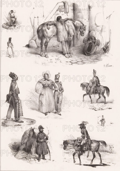 Nine depictions of human pastimes, Passe-temps, Leisure activities, Passe-tems, print, Series number, 85, 168, printmaker: Victor Adam, Paris, printer (person): Aubert & Junca, publisher: Aubert & Cie., 1837, printer (person), paper, chalk lithograph, height 359 mm x width 277 mm, Reissue of the original series 'Passe-Temps', published by Aumont and Tilt and subsequently by Aumont and Tessari, 1833-1837., recreation, amusement, A large vertical sheet with multiple pencil sketches arranged in a loose grid, showing various figures and horses in different poses and small scenes; at the top center a man leans against a saddled horse beside stacks of wooden barrels and a large circular object, the man wearing a loose coat and resting an arm on the horse’s back while the horse stands with head lowered; small sketches around include a soldier on horseback in profile, a couple with the woman in a voluminous dress and the man in uniform standing close together, a standing figure carrying stacke...