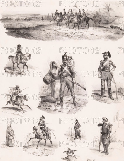 Ten representations of human pastimes, Leisure activities, Passe-temps, Passe-tems, print, Series number, 97, 168, printmaker: Victor Adam, France, printer (person): Aubert & Junca, Paris, publisher: Aubert & Cie., 1837, printer (person), paper, chalk lithograph, height 354 mm x width 280 mm, Reissue of the original series 'Passe-Temps', published by Aumont and Tilt and subsequently by Aumont and Tessari, 1833-1837., recreation, amusement, A series of sepia-toned sketches arranged across the page depict soldiers, riders, and civilians in various poses and scenes; at the top a group of mounted officers ride across a landscape with troops and palm trees in the distance; below and to the left a mounted officer sits astride a horse; centrally a soldier stands with a musket while a woman walks beside him carrying a basket and a child is slung across his shoulders; to the right a uniformed officer stands with one hand on his sword and the other on his hip wearing a plumed helmet; other small...