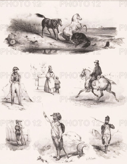 Six depictions of human pastimes and a number of horses, Passe-temps, Leisure activities, Passe-tems, print, Series number, 103, 168, printmaker: Victor Adam, France, printer (person): Aubert & Junca, Paris, publisher: Aubert & Cie., 1837, printer (person), paper, chalk lithograph, height 359 mm x width 276 mm, Reissue of the original series 'Passe-Temps', published by Aumont en Tilt and subsequently by Aumont en Tessari, 1833-1837., recreation, amusement, A vertical sheet with several detailed monochrome sketches arranged in rows, including at the top a pastoral scene of three horses near a water edge with one horse rearing and another lying on the ground while reeds and a shoreline appear in the background; below that a trio of figures with a woman in a dress and bonnet standing beside a small child near a pedestal with a decorative urn and a man on horseback riding away to the right; other sketches show individual soldiers in historical uniforms standing or gesturing with muskets an...