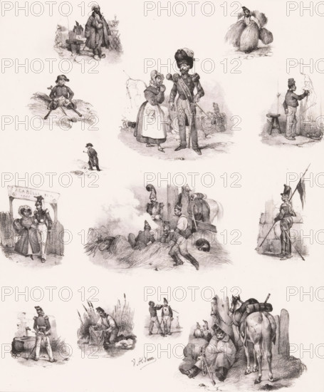 Thirteen depictions of human pastime, Leisure activities, Passe-temps, Passe-tems, print, Series number, 142, 168, printmaker: Victor Adam, France, printer (person): Aubert & Junca, Paris, publisher: Aubert & Cie., 1837, printer (person), paper, chalk lithograph, height 358 mm x width 274 mm, Reissue of the original series 'Passe-Temps', published by Aumont en Tilt and subsequently by Aumont en Tessari, 1833-1837., recreation, amusement, A pale background filled with numerous small monochrome sketches showing people and animals in various scenes, including a central pair of a woman in a dress and apron standing beside a man in a tall feathered hat and uniform holding a long staff, nearby groups of seated and reclining soldiers with hats scattered around them, a man standing by a wall painting on a canvas beside a small stool, a figure carrying large bundles of hay, a couple walking arm in arm beneath a banner, a seated man with crutches or poles, a man bending beside a basket at the wa...