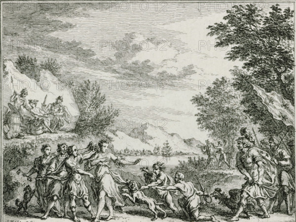 Allegory of American freedom, print, Allegorical representation of American independence. Personification of America seated on a throne in front of which a statue of Liberty is being erected. Part of a group of illustrations with small allegories on the political situation in the year 1780., printmaker: Simon Fokke, Northern Netherlands, after design by, 1780 - 1782, paper, etching, proof print before the letter, height 91 mm x width 104 mm, Used as an illustration in: Nieuwe vaderlandsche almanach, voor den jaare 1782. Amsterdam: Arend Fokke Simonsz, 1782., Freedom, Liberty, 'Libertà' (Ripa), America represented allegorically, 'America' (Ripa), American War of Independence, Period, 1780, A finely detailed black and white etching shows a crowded outdoor scene with many figures in classical dress spread across a landscape. In the foreground a group of standing and kneeling people interact, some reaching toward others and some restraining or pulling, while dogs and small animals move amo...