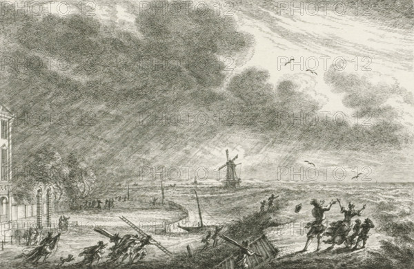 Flood at Halfweg, 1775, print, on the left the Swanenburg House, former communal land house of the Rijnland Water Board, on the right the dike of the Haarlemmermeer, November 14, 1775., printmaker: Simon Fokke, Northern Netherlands, after design by, paper, etching, proof print before the letter, height 143 mm x width 208 mm, Used as illustration in: Arend Fokke Simonsz. De vaderlandsche historie in themata. Amsterdam: Arend Fokke Simonsz., editions between 1783-ca. 1792., storm on land, Flood of November 14-18, Haarlemmermeer, Halfweg, Huis Zwanenburg, Period, 1775-11-14, A wide etched scene shows a shoreline under a heavily clouded sky with crosshatched shading, a windmill standing on a distant strip of land, small sailing boats on the water, and birds flying. In the foreground a curved quay with moored boats and poles projects toward the water, figures on the quay and near the shore engaged in activity, some carrying long poles and others gesturing toward the sea. To the left a build...