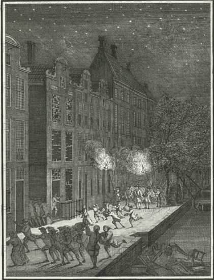 Plundering of a collector's house in Rotterdam, 1759, print, Riot with the looting of the house of a (tax) collector on a canal in Rotterdam, July 25, 1759. Night scene in which the militia drives away the looters., printmaker, Northern Netherlands, paper, etching, engraving, etching and engraving, proof print before the letter, height 180 mm x width 134 mm, Used as an illustration in: Maandelijkse Nederlandsche Mercurius, August 1759, p. 44., looting, riot, Rotterdam, Period, 1759-07-25, A nighttime street scene rendered in fine black-and-white lines shows tall, narrow buildings with many windows lining one side, a steeply pitched roof and decorative gables visible along the roofline, and a starry sky above. A group of people in period clothing are gathered on the street and bridge, some running and gesturing, while another group further back carries torches that emit large plumes of flame and smoke. Trees and a river or canal edge appear on the right, and piles of planks or debris ar...