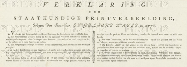 Explanation of the Political Print Representation, Regarding the State of the English Nation in 1778, Explanation of the first caricature on English losses in the struggle with America, 1778, text sheet, Text sheet with an explanation of the representation of the first caricature on English losses in the struggle with America in 1778. Text in two columns with an explanation of numbers 1-9., printmaker, Northern Netherlands, paper, letterpress printing, text in letterpress, height 110 mm x width 373 mm, American War of Independence, North America, Philadelphia, Period, A wide, aged paper page with printed decorative typography across the top and dense columns of small printed text below, featuring an ornate vertical divider with floral motifs between the columns, a large capital initial at the start of the left column, and subtle paper texture and faint spots throughout.