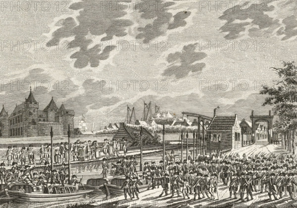 Arrival of the armed Amsterdam citizens in Muiden, 1787, print, Arrival of the boats with armed Amsterdam citizens in Muiden, June 7, 1787. In the background, Muiderslot Castle. The print has a pendant., printmaker, Northern Netherlands, paper, etching, engraving, etching and engraving, proof print before the letter, height 215 mm x width 258 mm, Patriot Era (1780-1795), Muiden, Muiderslot Castle, Period, 1787-06-07, A detailed engraving showing a waterfront scene with a large group of uniformed figures gathered along docks and on a roadway, many holding long staffs or rifles, and others boarding or standing near small rowboats; a wooden quay with posts and a simple pier structure extends into the water, where masts of larger ships rise in the distance; to one side there is a fortified stone building with turrets and pitched roofs, and along the waterline are small houses and sheds with tiled roofs and an arched gateway leading inland; trees and foliage appear near the gateway and alon...