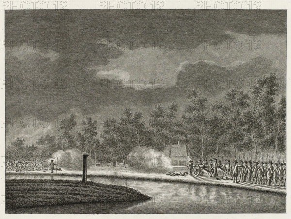 Firefight at Vreeswijk, 1787, print, Firefight on the canal at Vreeswijk outside Utrecht between armed citizens of the Utrecht militia and troops of the Van Efferen regiment, on the evening of May 9, 1787., printmaker, Northern Netherlands, paper, etching, engraving, etching and engraving, proof print before the letter, height 173 mm x width 247 mm, battle (citizen soldiery, civil guard, citizen militia), Battle at Vreeswijk, Vreeswijk, Period, 1787-05-09, A monochrome engraved scene shows a riverside with a reflective water surface in the foreground and a dark, heavily clouded sky above. Trees line the middle ground, their leaves and branches rendered with fine crosshatching, and a small house with a steep roof is partially visible among them. On the right bank a group of uniformed figures stands in formation near a cannon, with some figures clustered around the artillery piece and others standing in lines; smoke from firing drifts across the scene. On the left bank another line of fi...