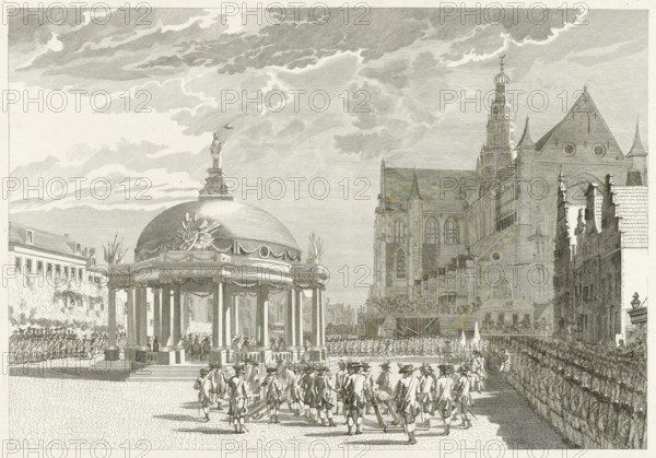 Swearing-in of the government regulations in Haarlem, 1787, print, Solemn ceremony with the swearing-in of the new government regulations in a temple erected on the Grote Markt in Haarlem, September 5, 1787. Militias are lined up around the square, several pieces of artillery near the temple., printmaker: Izaak Jansz. de Wit, Northern Netherlands, printmaker: Pieter Hendrik Jonxis, after drawing by Wybrand Hendriks, Haarlem, paper, etching, etching print, proof of the unfinished plate before the letter, height 313 mm x width 410 mm, warfare, military affairs (citizen soldiery, civil guard, citizen militia), proclamation of new government, Patriot time (1780-1795), St. Bavo Church (Haarlem), Grote Markt (Haarlem), Period, 1787-09-05, A detailed monochrome engraving shows a large domed pavilion with columns and ornate decorations, topped by a statue holding an object, set in front of a grand Gothic-style church with tall arched windows and a multi-tiered tower, while rows of uniformed fi...