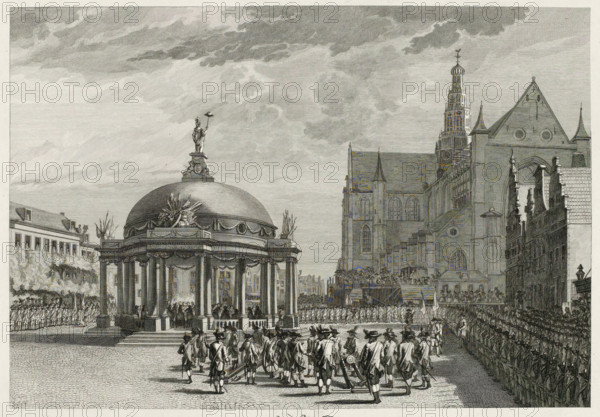 Swearing-in of the government regulations in Haarlem, 1787, print, Solemn ceremony with the swearing-in of the new government regulations in a temple erected on the Grote Markt in Haarlem, September 5, 1787. Militias are lined up around the square, several pieces of artillery near the temple. In the margin the city coat of arms of Haarlem., printmaker: Izaak Jansz. de Wit, Northern Netherlands, printmaker: Pieter Hendrik Jonxis, after drawing by Wybrand Hendriks, Haarlem, paper, etching, engraving, etching and engraving, proof before the letter, height 312 mm x width 410 mm, warfare, military affairs (citizen soldiery, civil guard, citizen militia), proclamation of new government, Patriot time (1780-1795), St. Bavo Church (Haarlem), Grote Markt (Haarlem), Period, 1787-09-05, A detailed engraving of a square scene showing a domed pavilion with columns and a statue on top, surrounded by crowds and soldiers in period uniform, with a procession of uniformed men in the foreground moving tow...