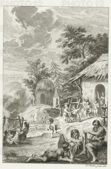 Domestic life of the Batavians, print, historical print, Domestic life of the Batavians. Inhabitants of a village sit outside in front of their huts, cooking, playing and talking with each other., printmaker: Harmanus Vinkeles, Netherlands, after drawing by Engelbertus Matthias Engelberts, 1784, paper, etching, height 230 mm x width 155 mm, Illustration for: EM Engelberts, The Ancient State and Histories of the United Netherlands, Johannes Allart, Amsterdam 1784-1799, vol. I, p. 394. Stands before the letter ., extinct, 'historical' peoples (with NAME), Roman period in the Netherlands, Batavians, A grayscale engraving showing a landscape with a large cloud-filled sky above trees and thatched buildings, a rounded hut with a domed roof near the center and a larger thatched structure to the right with an arched doorway, groups of people scattered across the scene including bare-chested and partially clothed figures, children playing and walking, a woman seated holding a child, a cluster o...