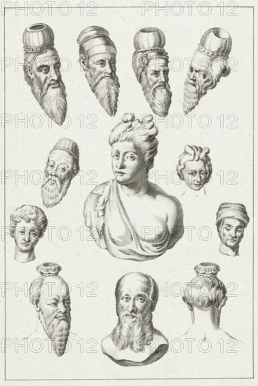 Sicamber-kopjes, print, historical object representation, Batavierenkopjes or so-called Sicamber-kopjes., printmaker: Reinier Vinkeles (I), Netherlands, after drawing by Engelbertus Matthias Engelberts, 1782 - 1784, paper, etching, height 235 mm x width 153 mm, Illustration from: EM Engelberts, The ancient state and histories of the United Netherlands, Johannes Allart, Amsterdam 1784-1799, vol. I, p. 340. Comes before the letter., extinct, 'historical' peoples (with NAME), Roman period in the Netherlands, Batavians, A grid-like arrangement of engraved classical head studies on a pale textured background, featuring multiple male heads with long beards and various rounded headdresses across the top, a central female bust with draped fabric and stylized hair, smaller youthful heads with curly hair to the sides, and additional bearded male busts and rear views toward the lower area, all rendered in fine parallel line shading and enclosed within a simple rectangular frame.