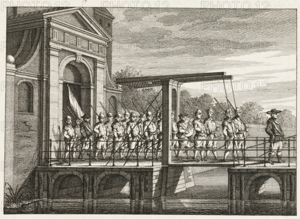 Hendrick Jansz. Ackerman marches out of the city with a company of musketeers, print, historical print, Henrick Janszoon Akkerman, marches out with some Amsterdam musketeers to Nuis to help Charles the Bold, 1474. A company of musketeers marches out of the city through a city gate., printmaker: attributed to Barent de Bakker, Northern Netherlands, after drawing by Hermanus Petrus Schouten (attributed to), 1780 - 1782, Attributed to, paper, etching, height 120 mm x width 145 mm, Later state of print also used in: Ollefen, Lieve van. Concise description of Amsterdam, suitable for the education of youth. Amsterdam: Jan Barend Elwe, 1782., Person, Charles the Bold (Duke of Burgundy), Hendrick Jansz. Ackerman, Burgundian period in the Netherlands, Amsterdam, North Rhine-Westphalia, Neuss, Period, 1474 - 1475, A detailed black and white line engraving shows a group of uniformed soldiers marching across a suspended wooden bridge beside a large classical building with arched openings and a ped...