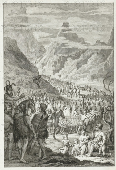 The Cimbri crossing the Alps, print, historical print, printmaker: Reinier Vinkeles (I), Netherlands, after drawing by Engelbertus Matthias Engelberts, 1782 - 1784, paper, etching, height 234 mm x width 152 mm, Illustration for: EM Engelberts, The Ancient State and Histories of the United Netherlands, Johannes Allart, Amsterdam 1784-1799, part I, p. 234. Print before the letter., extinct, 'historical' peoples (with NAME), A detailed black and white engraving shows a large procession of people and animals moving along a mountainous valley path under a sky with layered clouds. In the foreground on the left, several standing figures face the procession, some carrying long objects and shields, and a helmeted figure rides a horse visible from the neck upward. To the right foreground, seated women hold infants while other small children sit on the ground nearby. A cart with large spoked wheels is being pushed or pulled by figures near the center foreground. Further back, a dense line of marc...