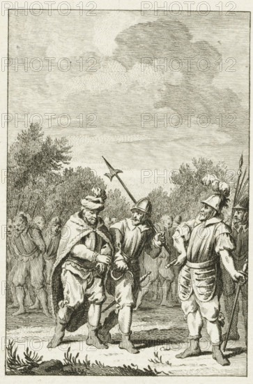 Count Floris III captured by the Count of Flanders, 1165, print, historical print, 1165., printmaker: Reinier Vinkeles (I), Netherlands, printmaker: Cornelis Bogerts, after drawing by Jacobus Buys, 1780 - 1795, paper, etching, height 166 mm x width 112 mm, Illustration for: J. Fokke, Geschiedenissen der Vereenigde Nederlanden voor de vaderlandsche jeugd, Johannes Allart, Amsterdam 1783-1795, 25 volumes, vol. II, pl. IV. Places before the letter., Person, Floris III (Count of Holland), prisoner of war (after the battle), Netherlands during the Late Middle Ages, Period, A detailed engraving shows a group of men in historical dress standing outdoors beneath a sky filled with linear shaded clouds, with trees and foliage in the background. In the foreground three men are prominent: one wears a turban-like headwrap and a cloak, another wears a brimmed helmet and a short cloak while gesturing with a hand, and a third wears a plumed helmet, plate-like thigh armor, and holds a polearm. Behind t...