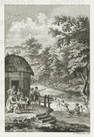Hunting, fishing, and recreation among the Batavians, print, historical print, and recreation among the Batavians. Batavians seated playing a game in front of a house, fishing with a fishing net in a small lake, and hunting on horseback in the forest., printmaker: Harmanus Vinkeles, Netherlands, after drawing by Engelbertus Matthias Engelberts, 1784, paper, etching, height 230 mm x width 154 mm, Illustration for: EM Engelberts, De aloude staat en geschiedenissen der Vereenigde Nederlanden, Johannes Allart, Amsterdam 1784-1799, vol. I, p. 412. Comes before the letter., extinct, 'historical' peoples (with NAME), Roman period in the Netherlands, A detailed monochrome engraving shows a riverside scene with a thatched-roof hut at the left edge and a group of people gathered nearby, some seated at a small table and others standing or pointing toward the water. A wooden fence and stepped stone path lead down to a shallow river where several children and a few adults are wading and playing, so...