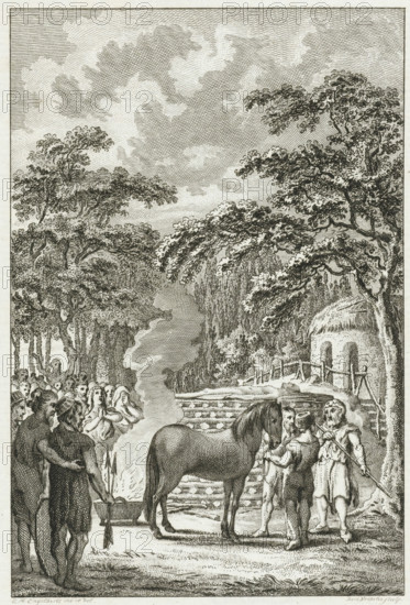 Funeral ceremony among the Batavians, print, historical print, Funeral ceremony among the Batavians. Cremation at the stake., printmaker: Reinier Vinkeles (I), Netherlands, after drawing by Engelbertus Matthias Engelberts, 1788 - 1790, paper, etching, height 192 mm x width 154 mm, Illustration for: EM Engelberts, The Ancient State and Histories of the United Netherlands, Johannes Allart, Amsterdam 1784-1799, vol. III, p. 156. Stands before the letter., funerary ceremonial, extinct, 'historical' peoples (with NAME), Roman period in the Netherlands, A detailed monochrome engraving shows a crowd of people gathered outdoors among tall leafy trees, with a plume of smoke rising from a brazier in the foreground. A horse stands near the smoke while three men stand beside it, one holding its reins and another holding a staff; two of the men wear simple garments and head coverings. A group of onlookers, including several with hands raised or clasped, forms a dense mass to the left, some partiall...