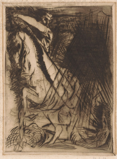 Saint George and the dragon, print, George, seated on a rearing horse. Beneath the horse the dragon, lying on its back., printmaker: Willem van Konijnenburg (signed by artist), printer (person): Henri van der Stok, 1878 - 1943, printer (person), paper, drypoint, intaglio printmaking technique, height 159 mm x width 117 mm, the warrior martyr George (Georgius), possible attributes: banner (red cross on white field), (red) cross, dragon, (white) horse, broken lance, shield (with cross), sword, A sepia-toned etching showing a crouched human figure with loosely sketched limbs and a draped garment, rendered with dense cross-hatching and dark, expressive lines that create strong contrasts and textured shadows; a mass of darker, heavily hatched area occupies the upper right, while the left side features more open line work and lighter areas suggesting folds and contours; the composition is framed by a thin border and the paper shows aged, slightly uneven edges.