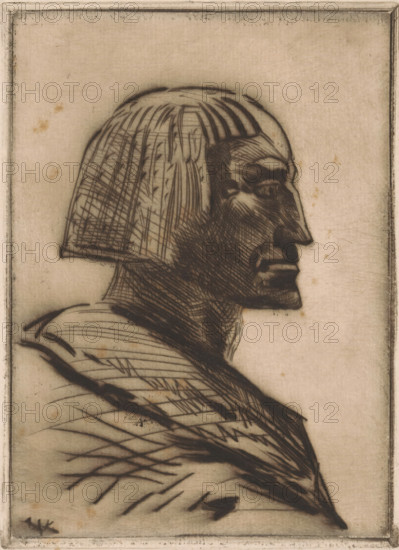 The Egyptian (original title), Portrait of an Egyptian man, print, printmaker: Willem van Konijnenburg (signed by artist), printer (person): Henri van der Stok, 1878 - 1943, printer (person), paper, drypoint, intaglio printmaking technique, height 172 mm x width 124 mm, anonymous historical person portrayed, A monochrome etched profile of a person facing right with a close-cropped, helmet-like hairstyle composed of straight carved lines, a prominent brow and nose, detailed cross-hatched facial shading, and defined lips and chin, the neck and upper torso shown with layered, sweeping hatch marks and intersecting lines suggesting folds or musculature, all set against a plain textured background within a narrow rectangular border.