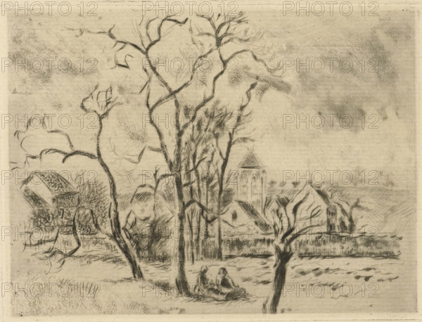Eglise d'osny, près Pontoise, Church of Osny, print, A meadow with two women sitting under a tree. Behind a low wall the village of Osny, with a number of houses and a church., inscription: 'No 5 Epreuve d'artiste', printmaker: Camille Jacob Pissarro, France, 1885, printer (person), paper, etching, aquatint, drypoint, aquatint and drypoint, height 120 mm x width 160 mm, height 218 mm x width 298 mm, village, Pontoise, Osny, A sepia-toned sketch shows a landscape with tall, leafless trees with thin, twisting branches dominating the foreground, their trunks and limbs rendered with dark, textured strokes. Beneath the trees two seated figures are sketched with simple, indistinct outlines on the ground. To the left a cluster of buildings is suggested with angled roofs and rough, patterned shading, while toward the center-right a taller structure with a pointed roof rises above other rooflines. The background features a horizontal field and faint, textured sky with scattered soft shading and...
