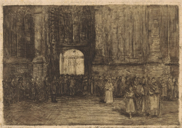 Church portal, print, People entering and leaving a church through a portal., printmaker: Antoon Derkinderen, 1869 - 1925, paper, etching, intaglio printmaking technique, height 131 mm x width 190 mm, parts of church exterior and annexes: portal, A sepia-toned etching shows a large interior space with tall, heavily textured walls and columns framing a central arched opening. A crowd of figures fills the foreground and middle ground, many clustered near the arch and along the sides; their forms are sketched with dense, short hatch marks and varying postures, some appearing to stand in groups while others face outward. Two figures stand more prominently at the right foreground, rendered with slightly clearer outlines and clothing details. The floor is depicted with parallel etched lines suggesting perspective leading toward the arch, and the upper wall surfaces display vertical and diagonal hatchwork that creates a sense of depth and shadow. Overall the scene is composed of fine linear e...