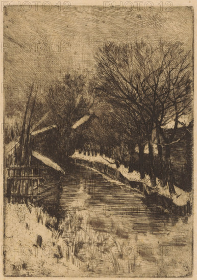 Snow-covered trees and buildings along a ditch, print, printmaker: Antoon Derkinderen, 1869 - 1925, paper, etching, intaglio printmaking technique, height 201 mm x width 140 mm, snow, small canal, ditch, A monochrome etching shows a narrow road or path flanked by leafless trees with tangled, thin branches extending upward and outward, dark dense shading creating contrast against a lighter sky filled with crosshatched lines; along one side of the road there are low fences and a series of simple buildings with pitched roofs partially obscured by the trees, while the opposite side features rough, grassy banks and scattered vegetation marked by short, scratchy strokes, and the foreground contains more textured ground and marks suggesting tufts of grass and uneven surface.