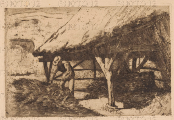 Farmhouse with hay barn (original title), print, Series number, 3, A farmer at work by a stack of hay next to a hay barn., inscription: '24.5-16.3.', inscription: 'Etching by AJ der Kinderen. Etched after a painting made by himself which was in the possession of Mr. H. Everts in The Hague in 1943. The etching was published as No. 3 in Volume II 1887 of the portfolio of the Dutch Etching Club. The copper plate was in the possession of Mrs. Witsen in 1943, whose husband often printed proofs for friends and with whom the plate presumably remained. JHdK-B.', printmaker: Antoon Derkinderen, publisher: Nederlandsche Etsclub, 1887, paper, etching, intaglio printmaking technique, height 159 mm x width 238 mm, Print from the Portfolio of the Nederlandsche Etsclub, second volume, 1887., farmers, agricultural products and by-products: hay, A monochrome etching shows a thatched structure with heavy roofing supported by wooden posts and beams, cross-hatched shading creating texture across the roof ...