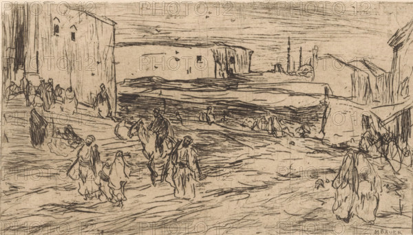 Outskirts of Constantinople, print, Men and women in Oriental clothing on a site surrounded by buildings. A mosque in the background on the right., printmaker: Marius Bauer (signed by artist), 1889, paper, etching, intaglio printmaking technique, etching with plate tone, height 119 mm x width 220 mm, temple, shrine, Islam, Mohammedanism, outskirts of city, Constantinople, Ottoman Empire, A sepia-toned line drawing shows a coastal scene with cliffs and a shoreline. In the foreground several robed figures walk along a sandy or rocky surface, some in groups and some alone, one figure seen from behind with draped clothing. A mounted rider faces toward the shore while other standing and seated figures are scattered nearby. Buildings and high vertical walls frame the left side, with more structures and cliff faces receding into the distance on the right. The sea stretches across the middle ground with horizontal etched lines indicating waves, and small indistinct shapes on the water. Distant...