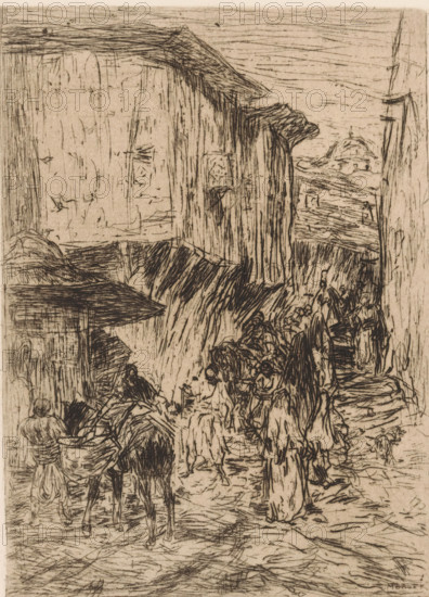 Market day, print, Various figures in a street, including a man with a pack animal carrying a load., printmaker: Marius Bauer (signed by artist), 1889, paper, etching, intaglio printmaking technique, etching with plate tone, height 200 mm x width 148 mm, market, pack-animal, Ottoman Empire, A densely hatched etching shows a narrow rocky passage between tall cliff faces with overhanging ledges, sketched with vertical and diagonal lines; along the path a crowded group of figures moves, some appearing to lead or carry loads and others clustered together, their garments rendered with flowing, textured strokes; a pack animal with a load stands among the people near the foreground, its legs and body outlined with quick crosshatching; rough horizontal lines suggest a distant horizon and a low rounded landform beyond the cliffs; the ground is depicted with swirling marks and the overall scene is composed of fine, dark etched lines on a light background.