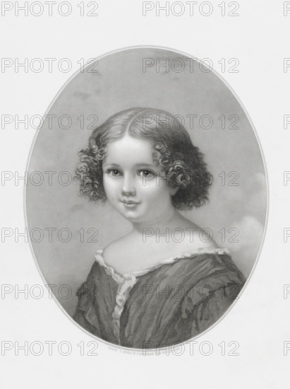 Bust of a girl, print, printmaker: Hendrik D. Jzn Sluyter, Amsterdam, after design by Nicolaas Pieneman, publisher: Buffa en Zonen, Frans, 1849 - 1931, paper, etching, stippelets, aquatint, engraving, engraving and aquatint, height 405 mm x width 280 mm, child, An oval framed black-and-white portrait of a young person with short curly hair parted down the middle, visible from the shoulders up, wearing a textured garment with a soft ruffled neckline, set against a softly shaded background.