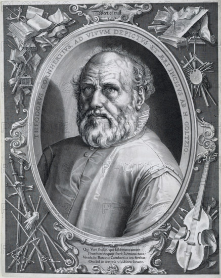 Portrait of Dirck Volckertsz Coornhert, Portrait of Dirck Volckertsz. Coornhert, print, Portrait in oval of the humanist and artist Dirck Volckertsz. Coornhert (1522-1590), with ornamental frame (printed from a separate plate). Inscription in Dutch and caption in Latin in the ornamental frame. Inscription in Latin around the portrait, mentioning Coornhert's birth and death years, and the fact that Goltzius depicted him from life., printmaker: Hendrick Goltzius, Haarlem, after design by Hendrick Goltzius, publisher: Hendrick Goltzius, 1591 - 1592, Hendrick Goltzius, printmaker, publisher, paper, engraving, gravure, height 522 mm x width 411 mm, Person, Dirck Volckertsz. Coornhert, historical persons, musical instruments, group of musical instruments, weapons, book, tools, implements of painter, A detailed black-and-white engraved portrait of an older man shown from the chest up inside an ornate oval frame, with a full beard, curly hair, and a lined forehead, wearing a high-collared garm...