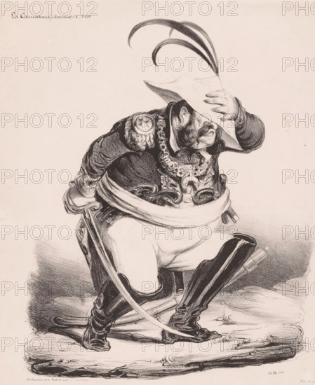 Malbroug s'en va-t-en guerre, Caricature of King Louis Philippe I of France in the war against Spain, cartoon, print, printmaker: Honoré Daumier, printer (person): Nicolas Louis Delaunois, Paris, publisher: Aubert & Cie., 1835, Honoré Daumier, Nicolas Louis Delaunois, Aubert & Cie., printmaker, printer (person), publisher, paper, lithography, height 360 mm x width 278 mm, Print published in: La Caricature, January 22, no. 220, pl. 458., Person, Louis Philippe I (King of France), historical persons, hacking and thrusting weapons: sword, political caricatures and satires, caricatures (human types), A monochrome lithographic caricature shows a rotund man in ornate military attire seated on a cushion-like surface, his face partly obscured by a large plumed hat that he holds with one gloved hand; he has a heavy mustache and a grimacing expression, and his uniform features elaborate braided epaulets, decorative chest ornaments, a wide sash around his waist, tight breeches, and tall polished ...
