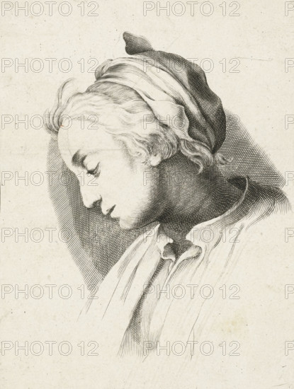 Girl's head with headscarf, print, Series number, 67, Portrait of a girl with a headscarf. Copy after an illustration from the sketchbook of Abraham Bloemaert, in the edition by Nicolaas Visscher. Numbered 67., printmaker, after print by, after drawing by, Netherlands, paper, etching, height 203 mm x width 153 mm, head turned sideways - AA - female human figure, A detailed black and white line drawing of a person in profile looking downward, showing a gentle facial profile with closed eyes, a straight nose, and slightly pursed lips; the hair is wavy and partially covered by a loosely wrapped headscarf with fine crosshatching for shading; the neck and shoulders are depicted with dense, curved hatching and a draped garment with flowing folds and subtle line work; the background is mostly blank with faint speckles and light texture.