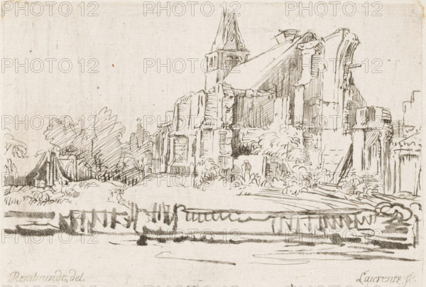 View of a ruin, print, printmaker: Johann Daniel Laurentz, after drawing by Rembrandt van Rijn, 1739 - 1810, paper, etching, height 121 mm x width 178 mm, landscape with ruins, A horizontal ink sketch of a riverside scene showing a group of ruined stone buildings with a tall steeple rising behind them, rendered with fine hatch and contour lines; the ruins display broken walls, arches, and exposed masonry, with dense foliage and shrubs growing around and between the structures; a small simple hut with a sloped roof and nearby trees appears toward one side, while the foreground shows a low bank or embankment beside a calm stretch of water indicated by horizontal strokes and darker shaded marks along the edge.