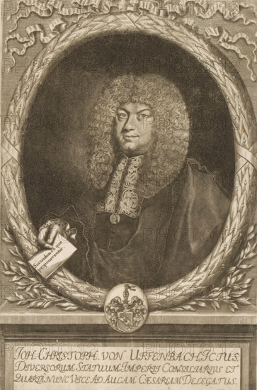 Portrait of Johann Christoph von Uffenbach, print, printmaker: Matthias van Sommer, Germany, 1643 - 1672, paper, engraving, etching, intaglio printmaking technique, height 290 mm x width 190 mm, Print used for: Uffenbach, Johann Christoph von. Illustrissimorum Comitum. Vienna and Prague: 1700., Person, Johann Christoph von Uffenbach, historical persons, armorial bearing, heraldry, A detailed engraved portrait shows a man with a voluminous curly wig and a composed facial expression, dressed in ornate formal clothing with an embroidered collar and a dark cloak; he is depicted within an oval leafy wreath with ribbon accents, one hand emerging to hold a rectangular card, and a decorative oval medallion with a heraldic shield rests at the base of the wreath, all rendered in fine crosshatching and stippled shading.