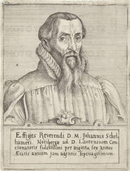Portrait of Johann Schelhammer, print, printmaker: Lorenz Strauch, Nuremberg, 1600 - c. 1630, Bavaria, paper, etching, height 151 mm x width 112 mm, Person, Johann Schelhammer, historical persons, A detailed black and white engraved portrait of an older man shown from the chest up, facing slightly to the viewer's right, with high forehead and slicked-back hair, deep-set eyes, pronounced cheekbones, and a long flowing beard. He wears a ruffled collar with visible folds and a heavy robe with layered drapery and textured lines, and decorative scrollwork appears beneath his chest. The background consists of fine horizontal lines inside a rectangular frame, and a bordered panel with block text occupies the lower portion of the image.