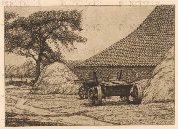 Farm barn with cart, print, printmaker: Laurent Verwey van Udenhout, Netherlands, 1894 - 1913, paper, etching, intaglio printmaking technique, height 120 mm x width 169 mm, farm (building), (farm) wagon, freight wagon, cart, hay-cock, A sepia-toned ink drawing shows a rural scene with a large tree on the left, its dense, scribbled foliage and textured trunk rising above a rounded haystack in the foreground, and a second haystack partially visible on the right; between the stacks sits a wooden cart with spoked wheels and a flat platform, rendered with crosshatching and linear detail; behind the cart a low brick building with a steeply pitched tiled roof extends diagonally across the composition; in the background a line of smaller trees borders a field, and the ground in the foreground is marked with winding paths and textured shading.