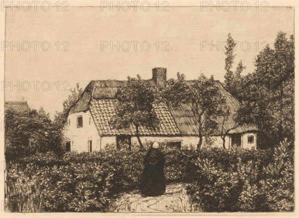 House with trees and figure, print, printmaker: Laurent Verwey van Udenhout, Netherlands, 1894 - 1913, paper, etching, intaglio printmaking technique, height 120 mm x width 168 mm, standing figure, trees, rural housing, e.g. country-house, villa, cottage, A sepia-toned ink drawing showing a rural scene with a thatched-roof cottage partially obscured by dense foliage and trees, tiled roof sections and a central chimney visible above the shrubbery, small rectangular windows and a doorway on the cottage facade, a path leading toward the building flanked by thick hedges, and a dark-clad figure standing on the path facing the cottage.