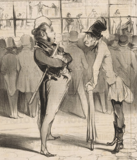 Robert Macaire and Bertrand in front of Aubert's shop window, Caricatures, Caricaturana, cartoon, Series number, 64, 100, printmaker: Honoré Daumier, after design by Charles Philipon, printer (person): Aubert & Junca, Paris, publisher: Aubert & Cie., 1837, Honoré Daumier, Charles Philipon, Aubert & Junca, Aubert & Cie., printmaker, after design by, printer (person), publisher, paper, lithography, letterpress printing, lithography with text in letterpress on verso, height 363 mm x width 238 mm, Print possibly from: Le Charivari, October 22, 1837., caricatures (human types), art dealer, shop-window, show-window, A pencil or charcoal drawing shows two men facing each other in the foreground of a crowded scene. One man stands with a cane across his chest, wearing a coat with a high collar and a hat with a rounded top, his posture slightly leaning back and his mouth open. The other man leans on a long cane, wearing a tall, floppy hat and a long coat with a sack hanging from his shoulder, hi...